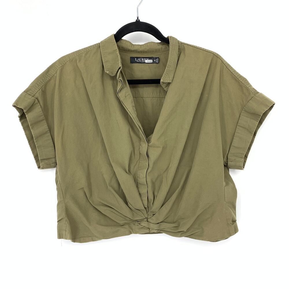 Lauren Ralph Lauren Shirt Womens 12 Green Cropped Boxy Twist Hem Cuffed Sleeves